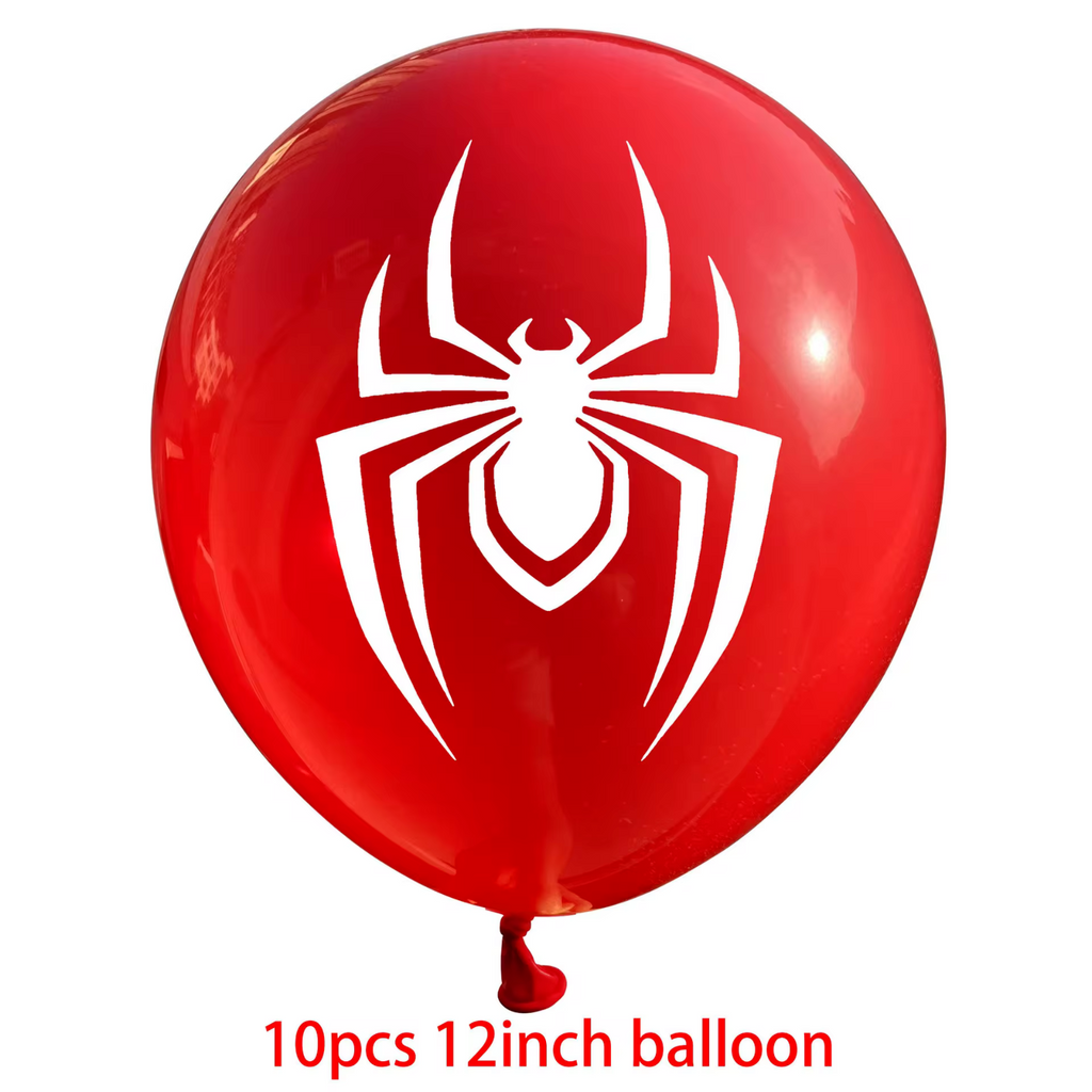 Spiderman black balloons featuring iconic Spidey logo and various action scenes.