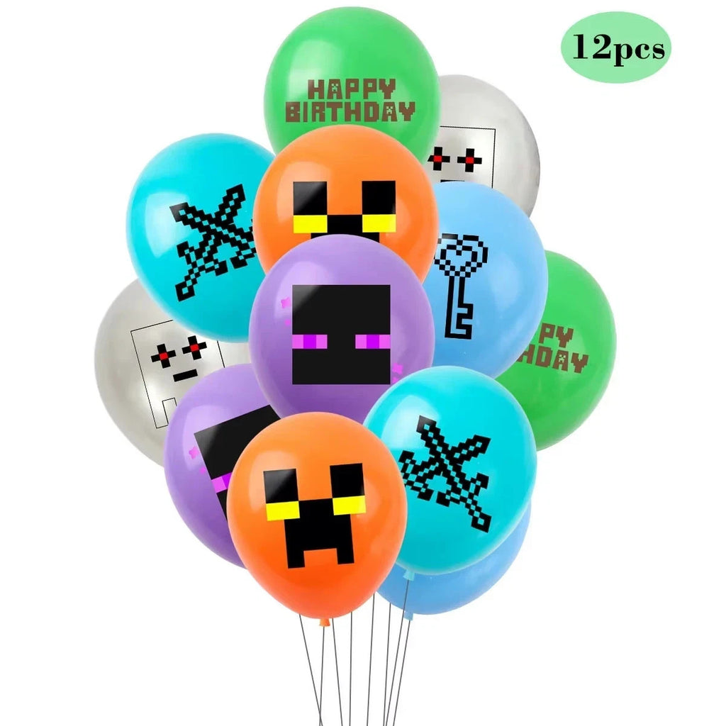Multi pixel design latex balloons featuring green and black colors for gaming-themed parties.