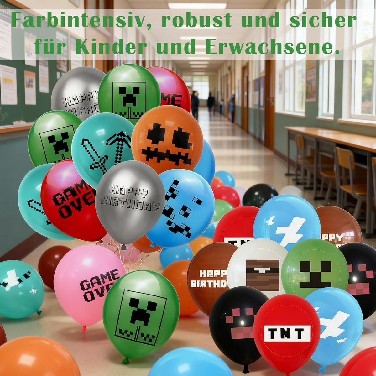Game Mine pixel balloons green and black latex with pixelated design for party decor.