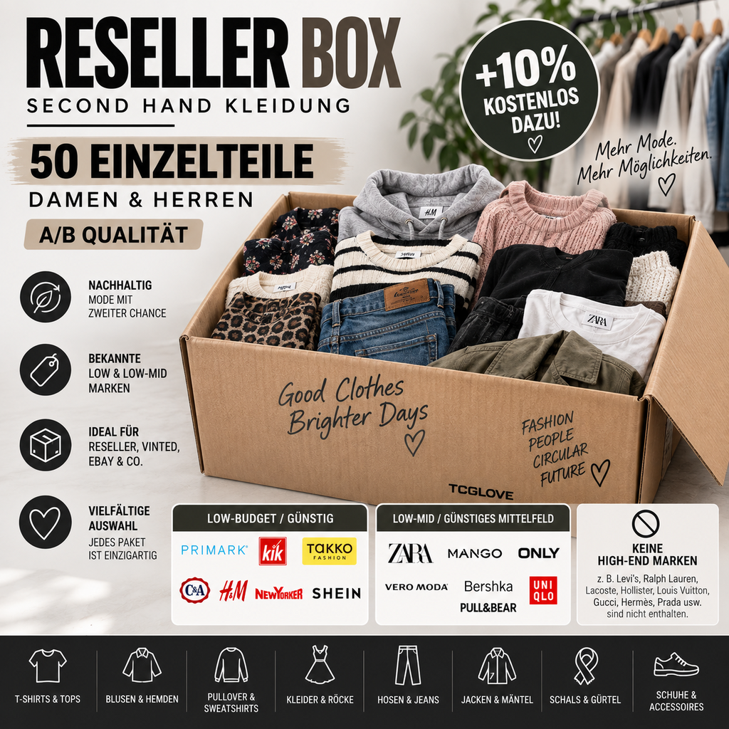 Damen assorted secondhand clothing box black and cream, various brands, mixed styles.