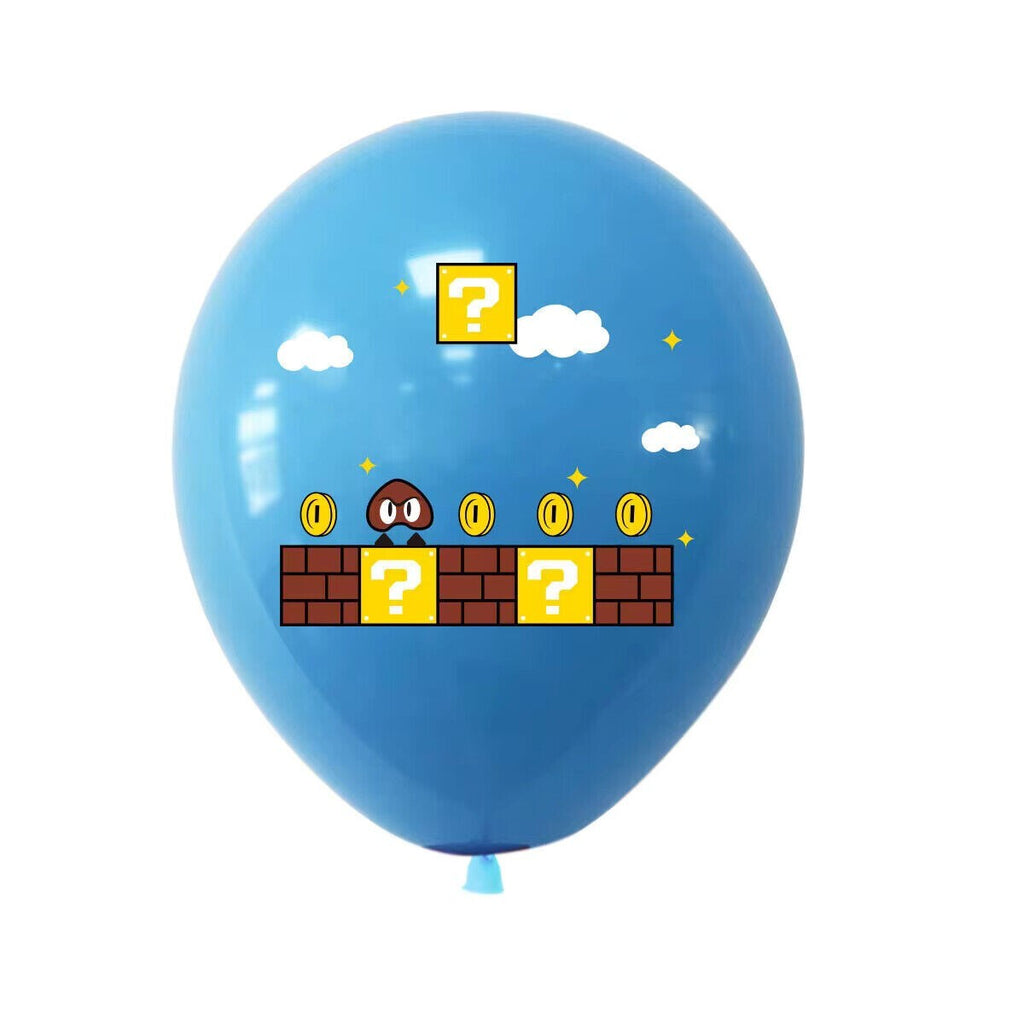 Super Mario blue and red balloons featuring Super Mario and Luigi designs for party decoration.