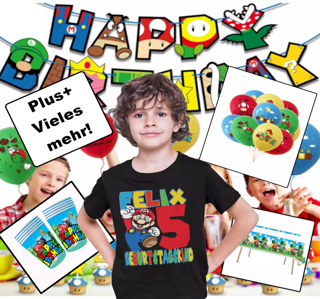 Baumwolle multi-coloured t-shirt featuring Super Mario graphic and personalized birthday design.