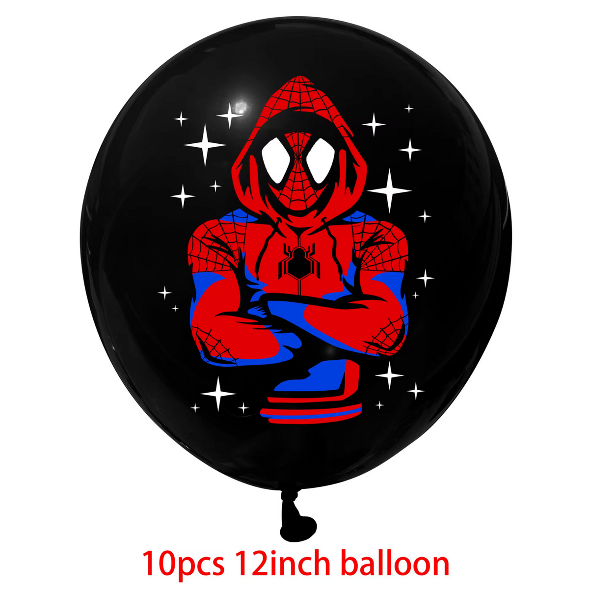 Spiderman black balloons featuring iconic Spidey logo and various action scenes.