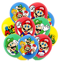 Super Mario blue and red balloons featuring Super Mario and Luigi designs for party decoration.