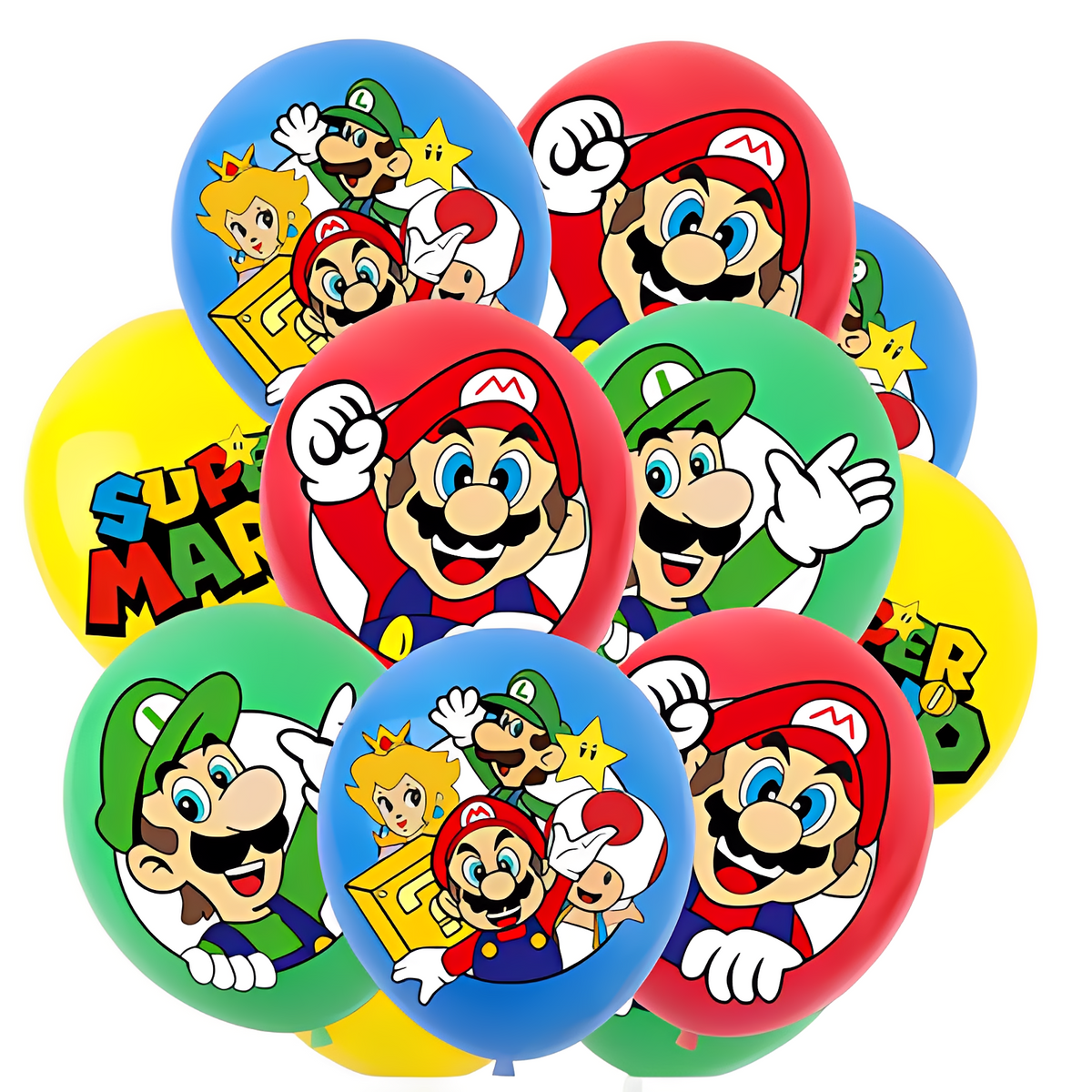 Super Mario blue and red balloons featuring Super Mario and Luigi designs for party decoration.