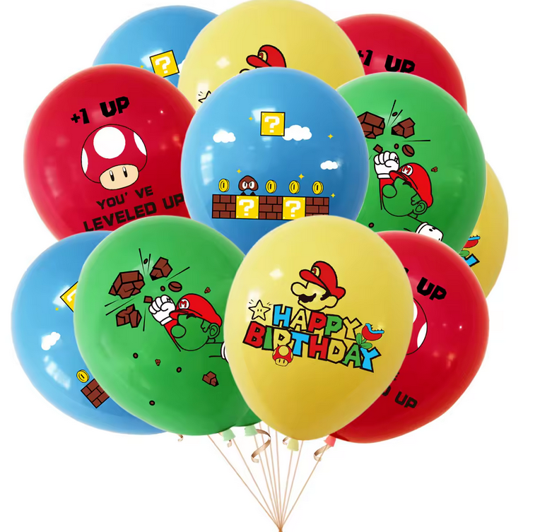 Super Mario blue and red balloons featuring Super Mario and Luigi designs for party decoration.