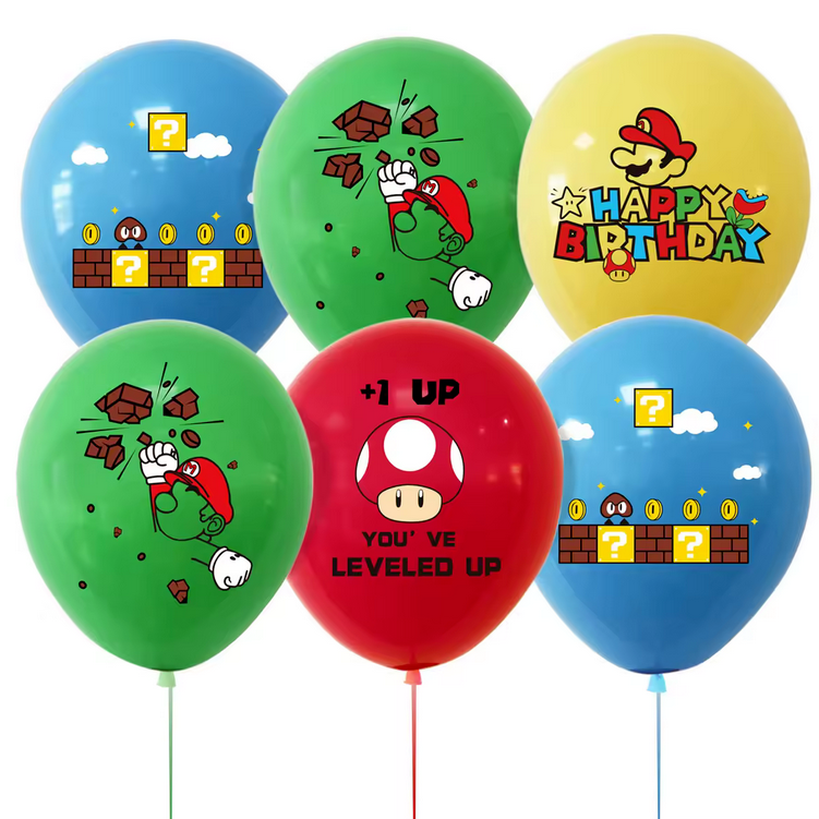 Super Mario blue and red balloons featuring Super Mario and Luigi designs for party decoration.