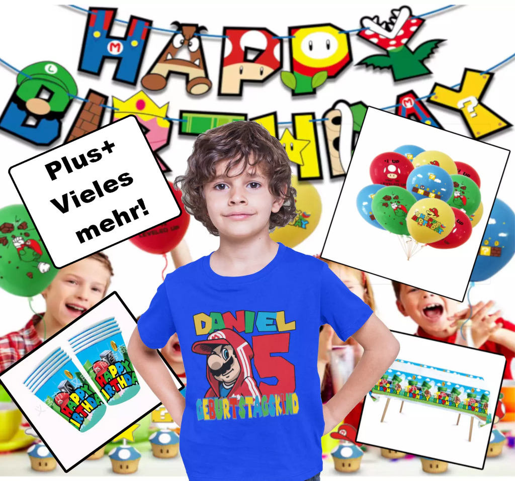 Baumwolle blue t-shirt featuring Super Mario graphic and personalized birthday design.
