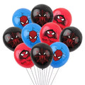 Spiderman black balloons featuring iconic Spidey logo and various action scenes.