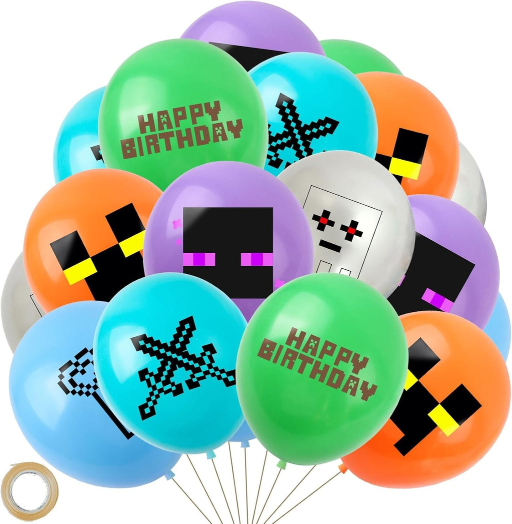 Multi pixel design latex balloons featuring green and black colors for gaming-themed parties.