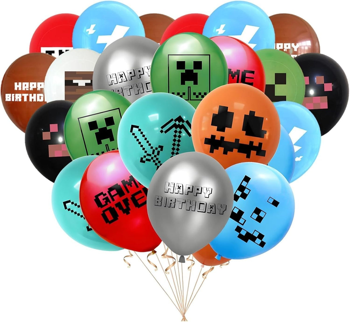 Game Mine pixel balloons green and black latex with pixelated design for party decor.