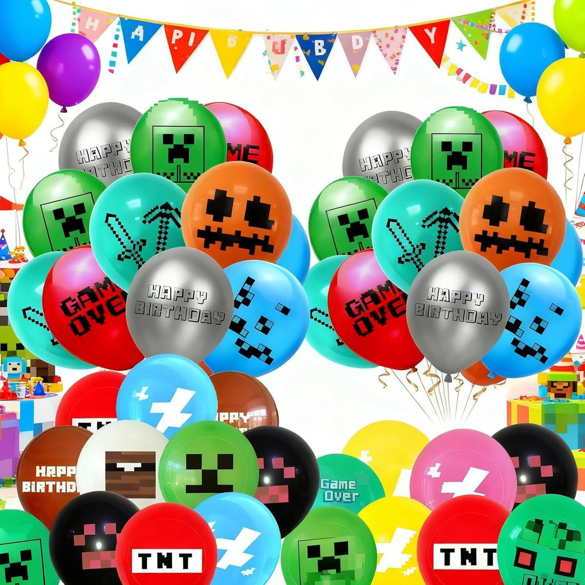 Multi pixel design latex balloons featuring green and black colors for gaming-themed parties.