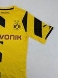 Puma black and yellow Borussia Dortmund soccer jersey with logo, stars, and sponsor print.