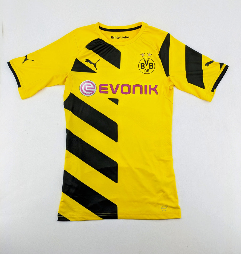 Puma black and yellow Borussia Dortmund soccer jersey with logo, stars, and sponsor print.