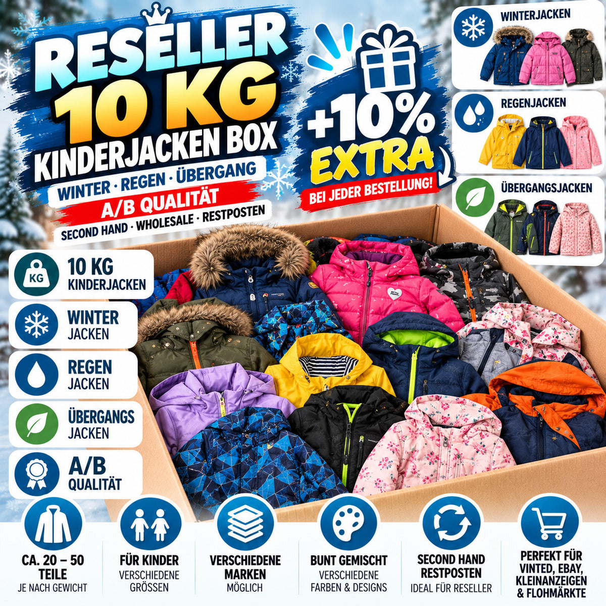 Reseller blue and brown baby jackets box, mixed styles for winter and rain.