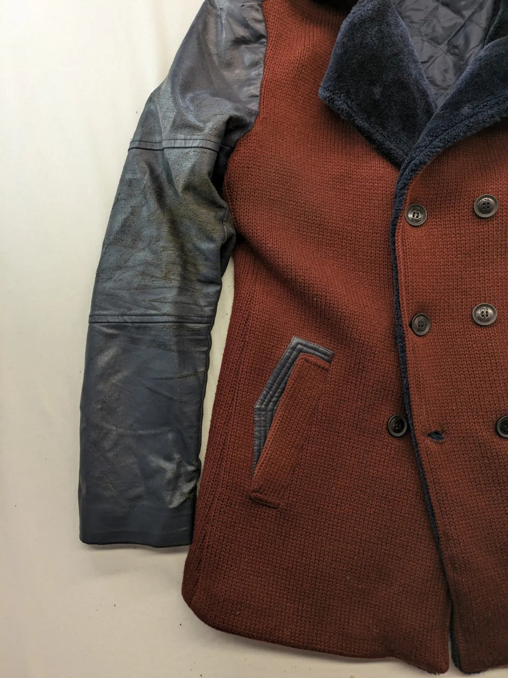 MCR peacoat burgundy grey navy wool blend with leather sleeves and Sherpa collar.