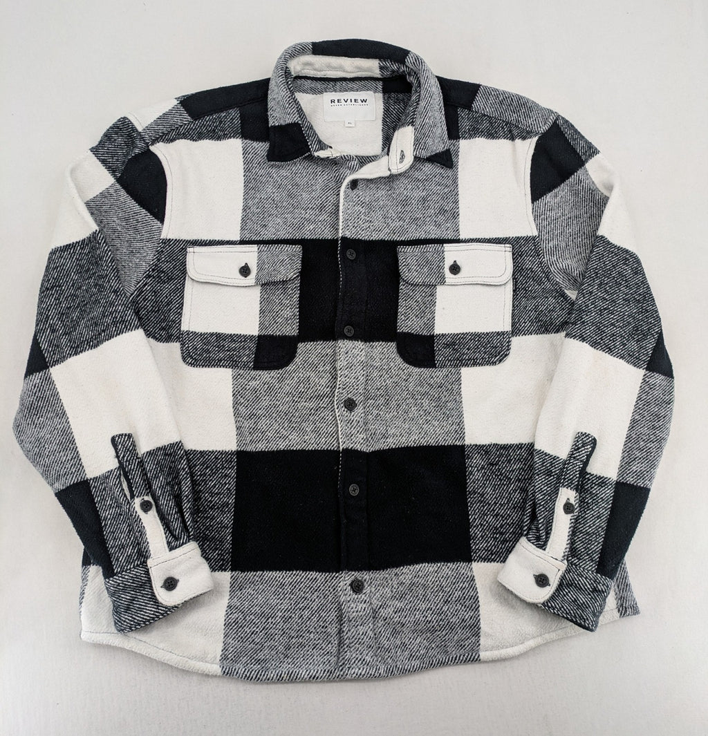 Review flannel jacket black white checkered pattern cotton material with chest pockets