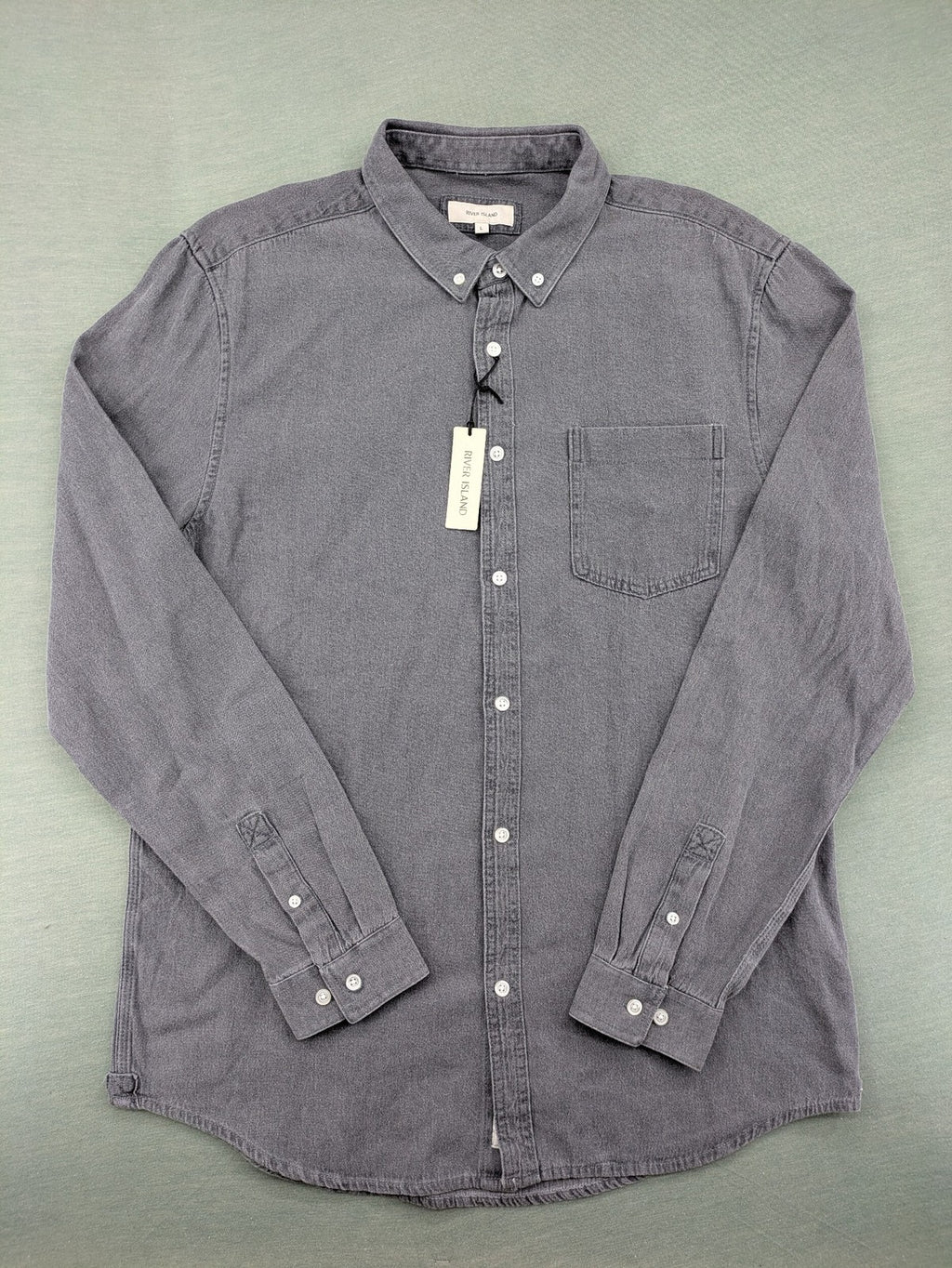 River Island grey button-down shirt with chest pocket and classic collar.