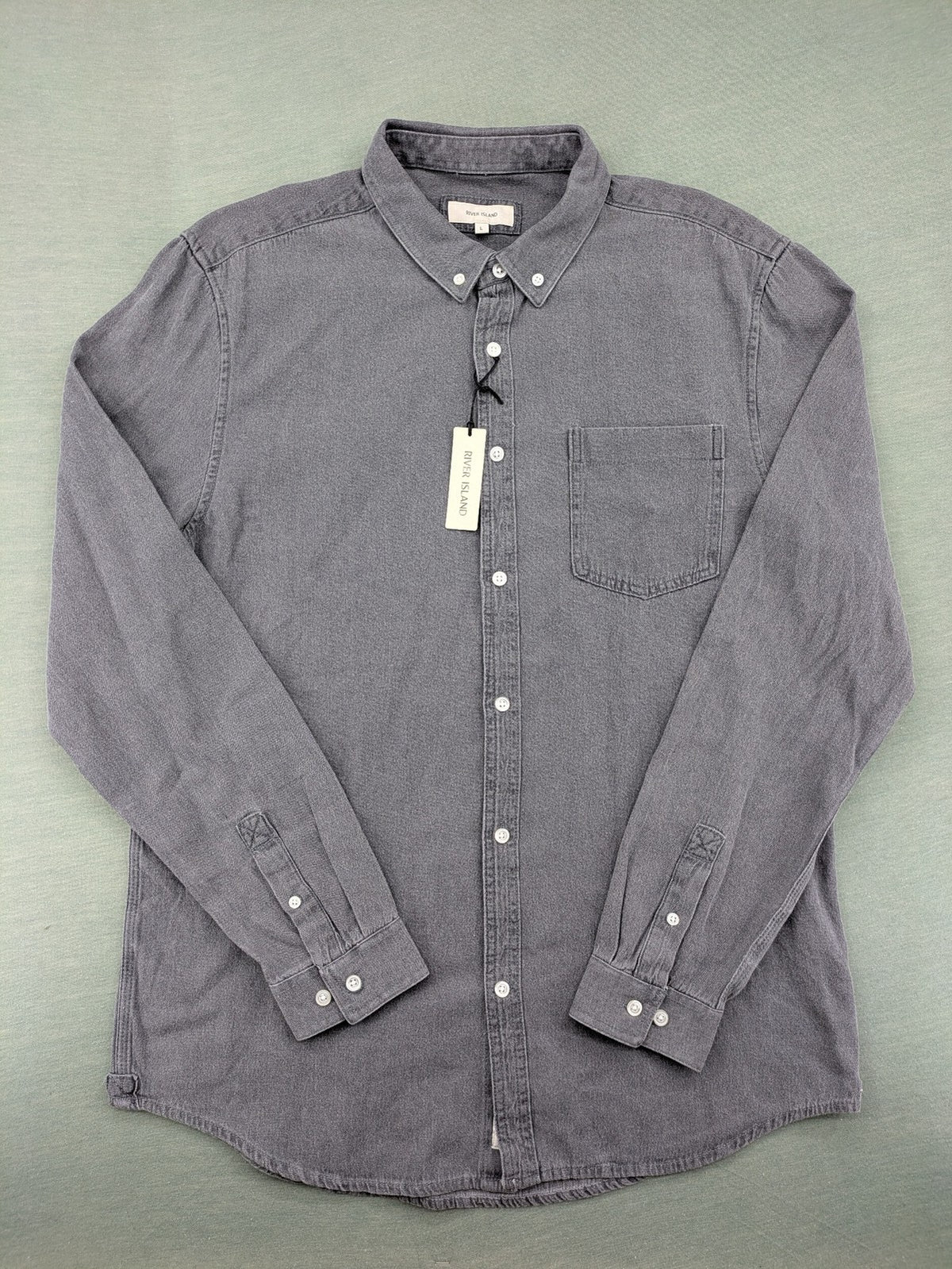 River Island grey button-down shirt with chest pocket and classic collar.