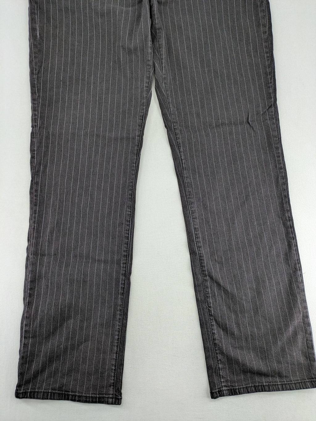 Arizona grey straight jeans with white pinstripe pattern, cotton blend material.