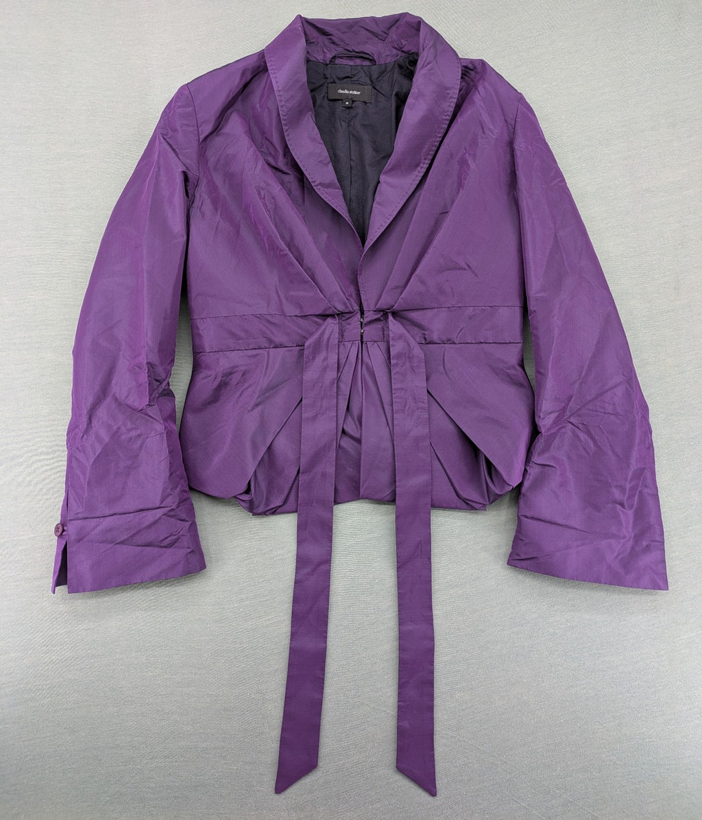 Claudia Sträter purple silk blazer with shawl collar and belt detail.