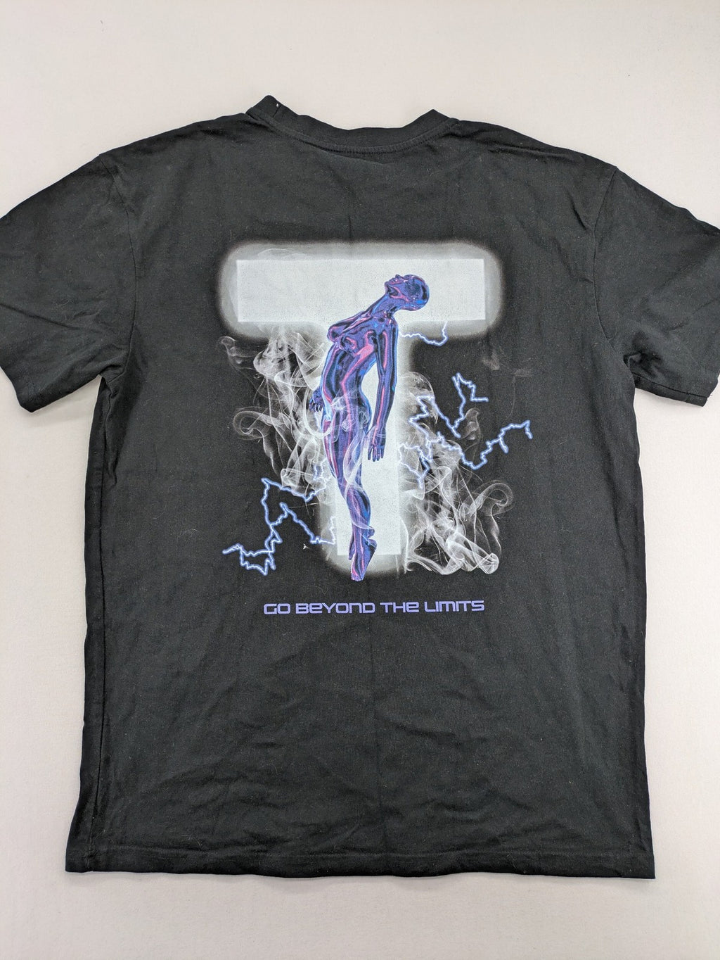 Transcend multi graphic t-shirt black cotton "Go Beyond The Limits" print on back.