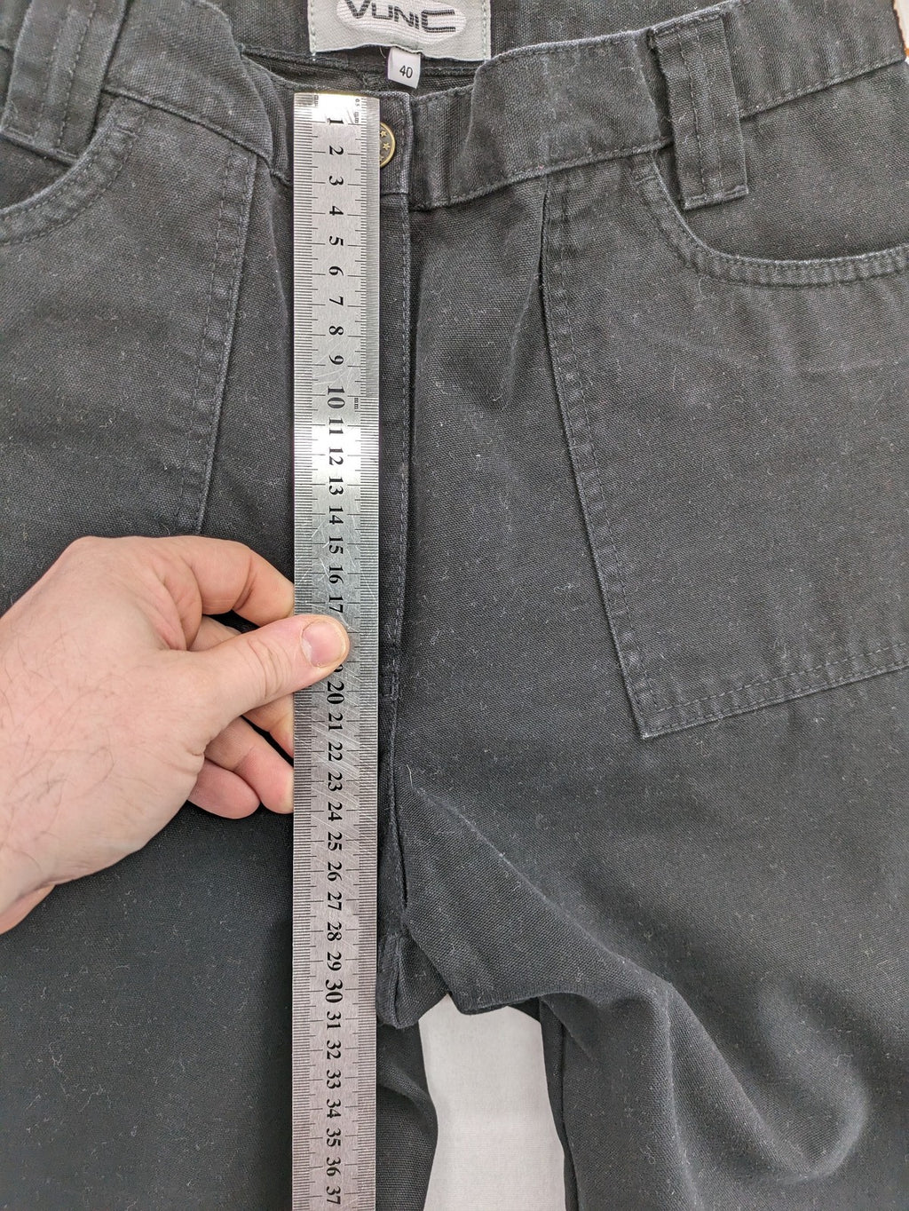 Vunic black cargo pants high-waisted straight leg cotton with zipper and button closure.