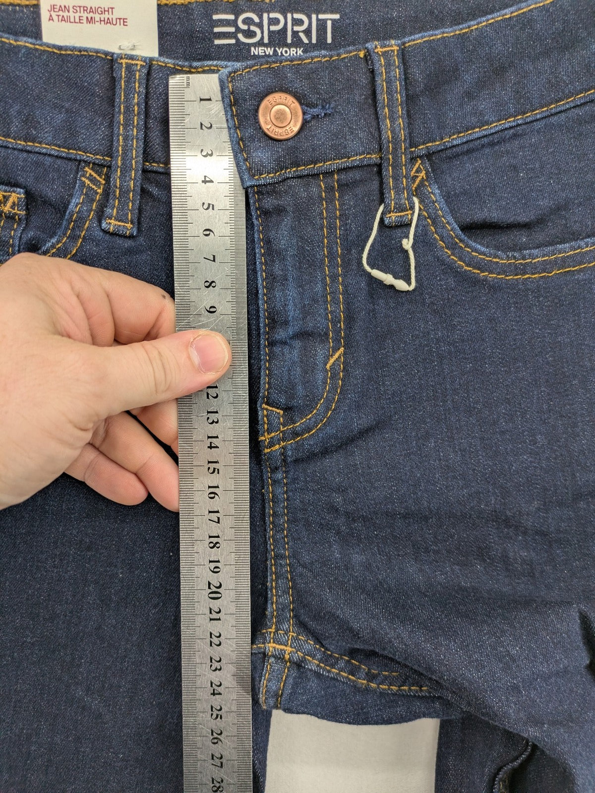 Esprit blue straight leg jeans with contrasting stitching and mid-rise fit.