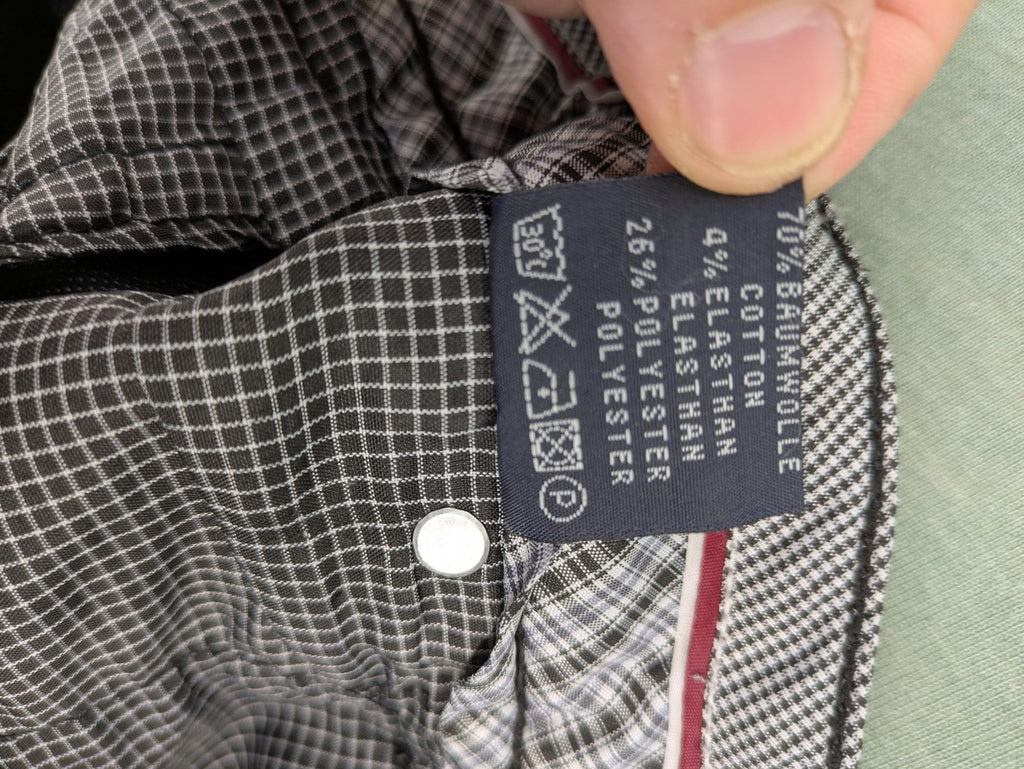 Rooney grey chino pants with checkered waistband and buttoned back pockets.