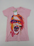 Marilyn Manson pink band t-shirt with colorful graphic portrait and "MM" logo.