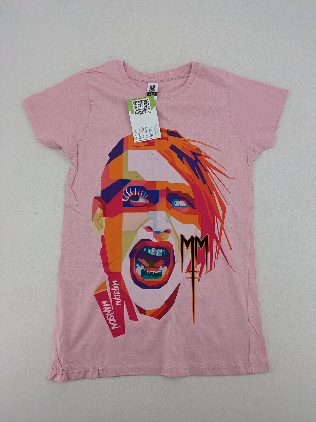 Marilyn Manson pink band t-shirt with colorful graphic portrait and "MM" logo.