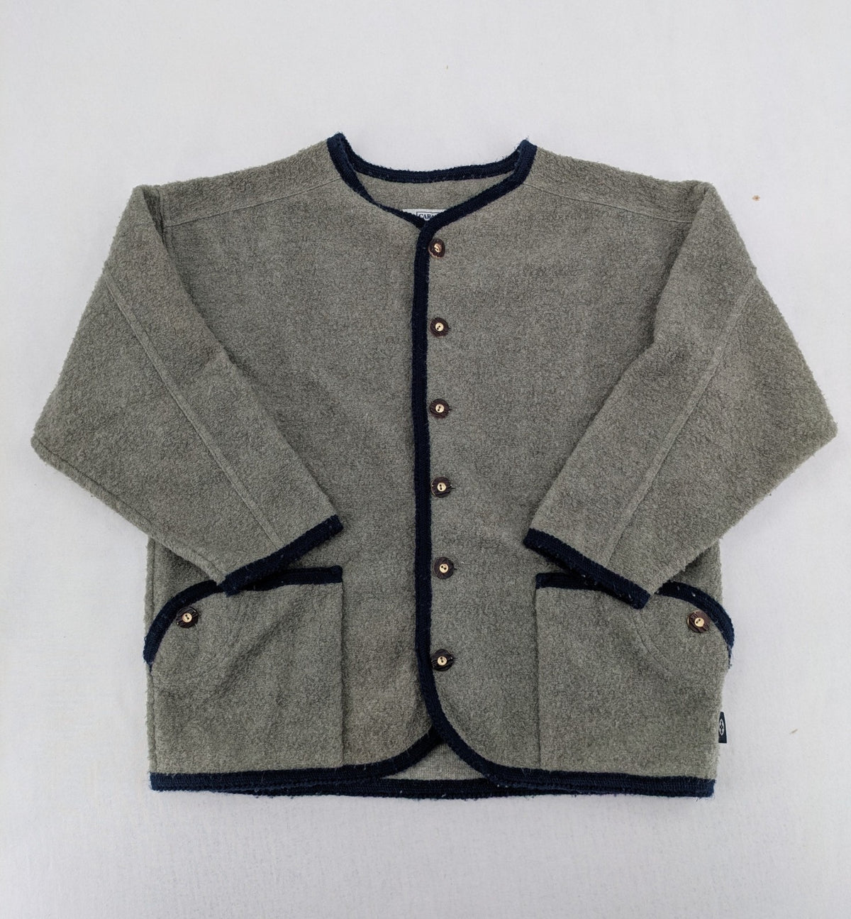 Caramasov grey and navy children's Janker jacket with contrasting trim and rustic buttons.