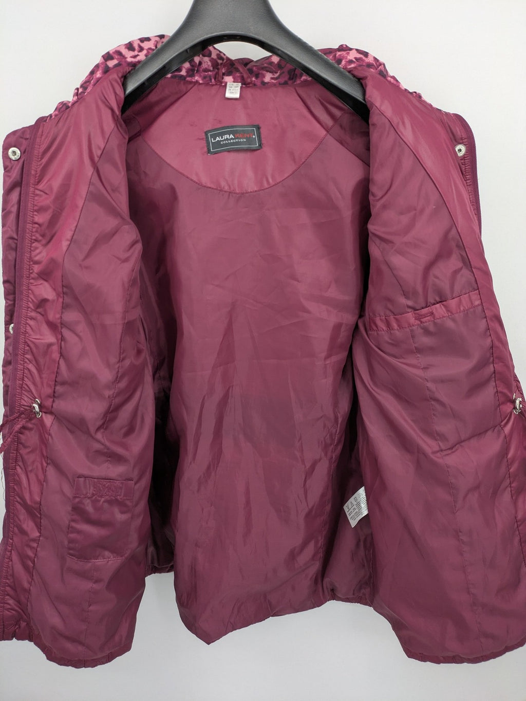 Laura Kent burgundy puffer coat with leopard print collar and cuffs, 100% polyester.