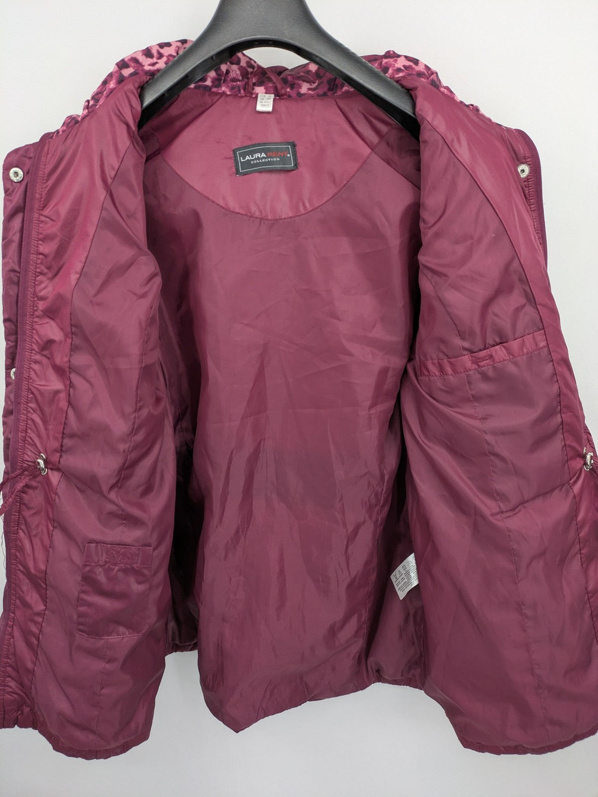 Laura Kent burgundy puffer coat with leopard print collar and cuffs, 100% polyester.