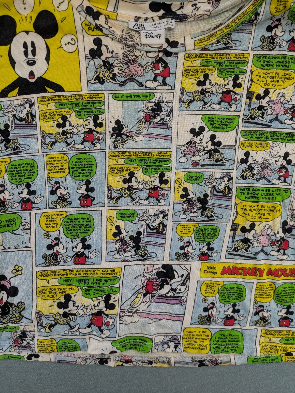 Zara multi-coloured cropped t-shirt featuring vibrant Mickey Mouse comic print and short sleeves.