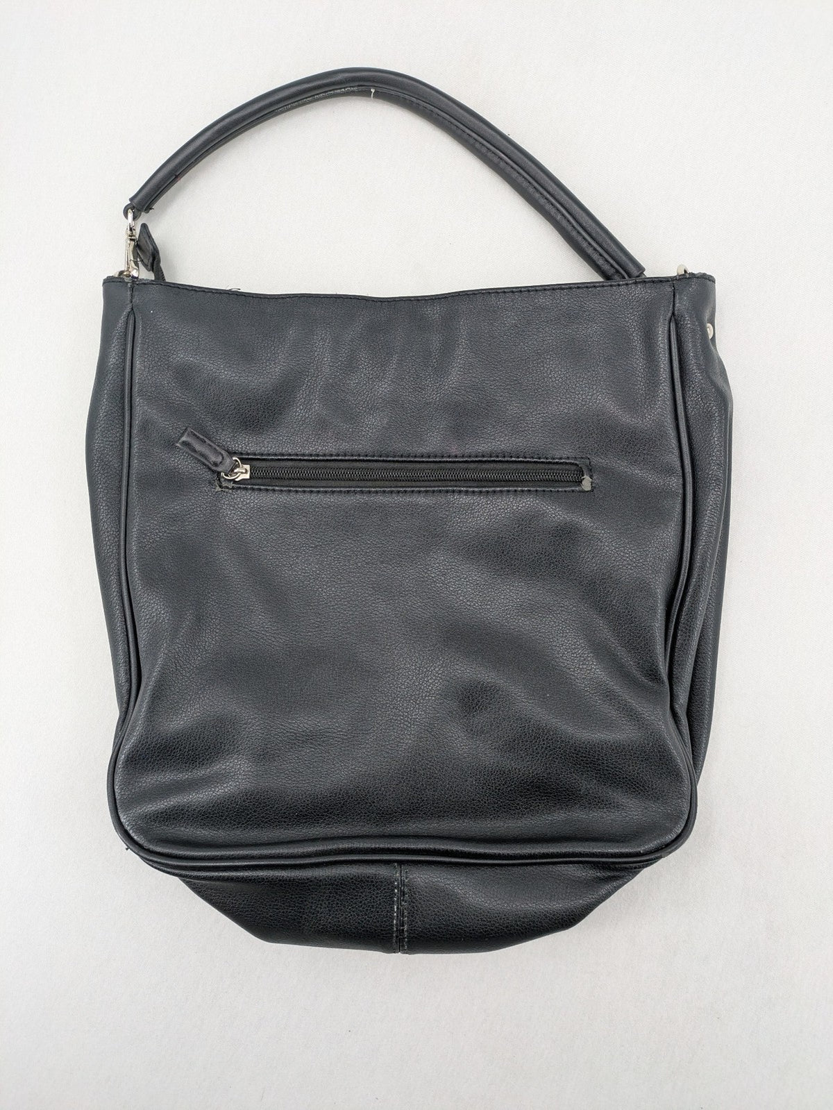 David Jones black hobo handbag pebbled PU leather with silver hardware and zipper closure.