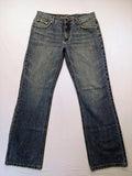Zuni blue straight jeans 5-pocket design with zipper and decorative rivets.
