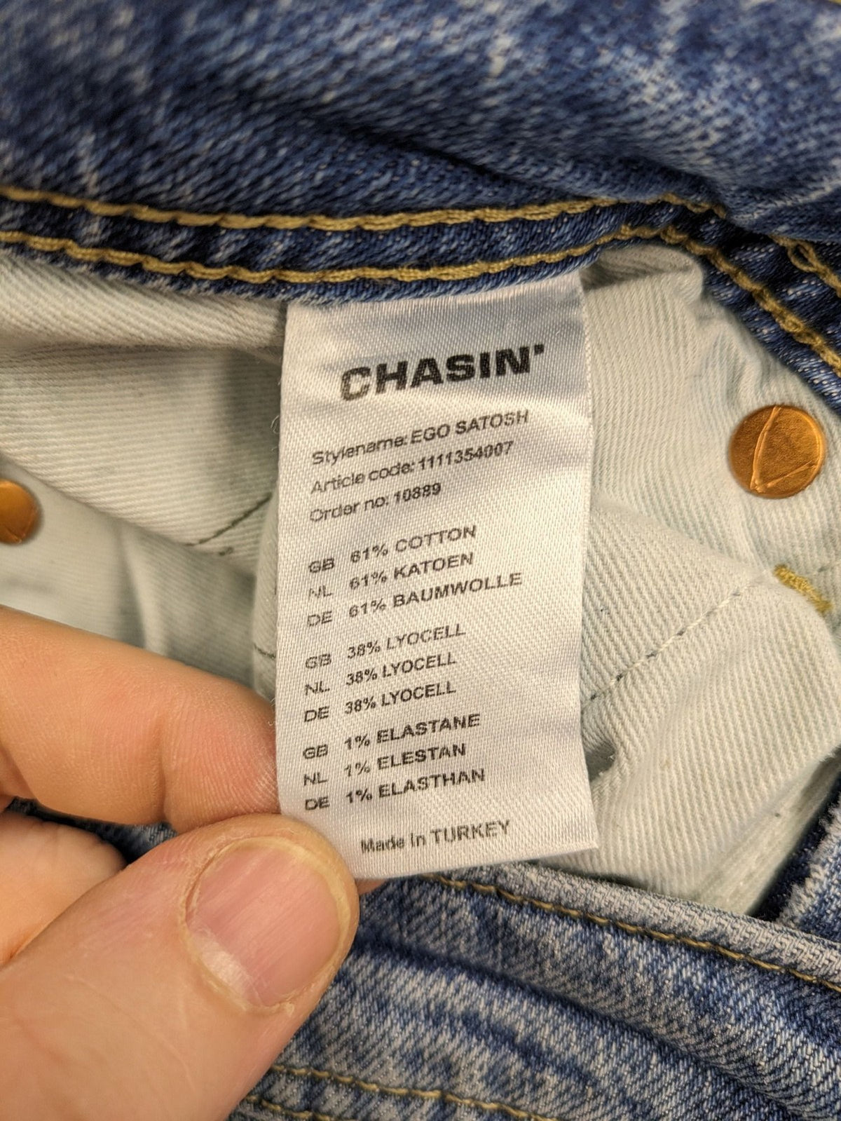 CHASIN' blue slim fit jeans with button fly and classic denim craftsmanship.