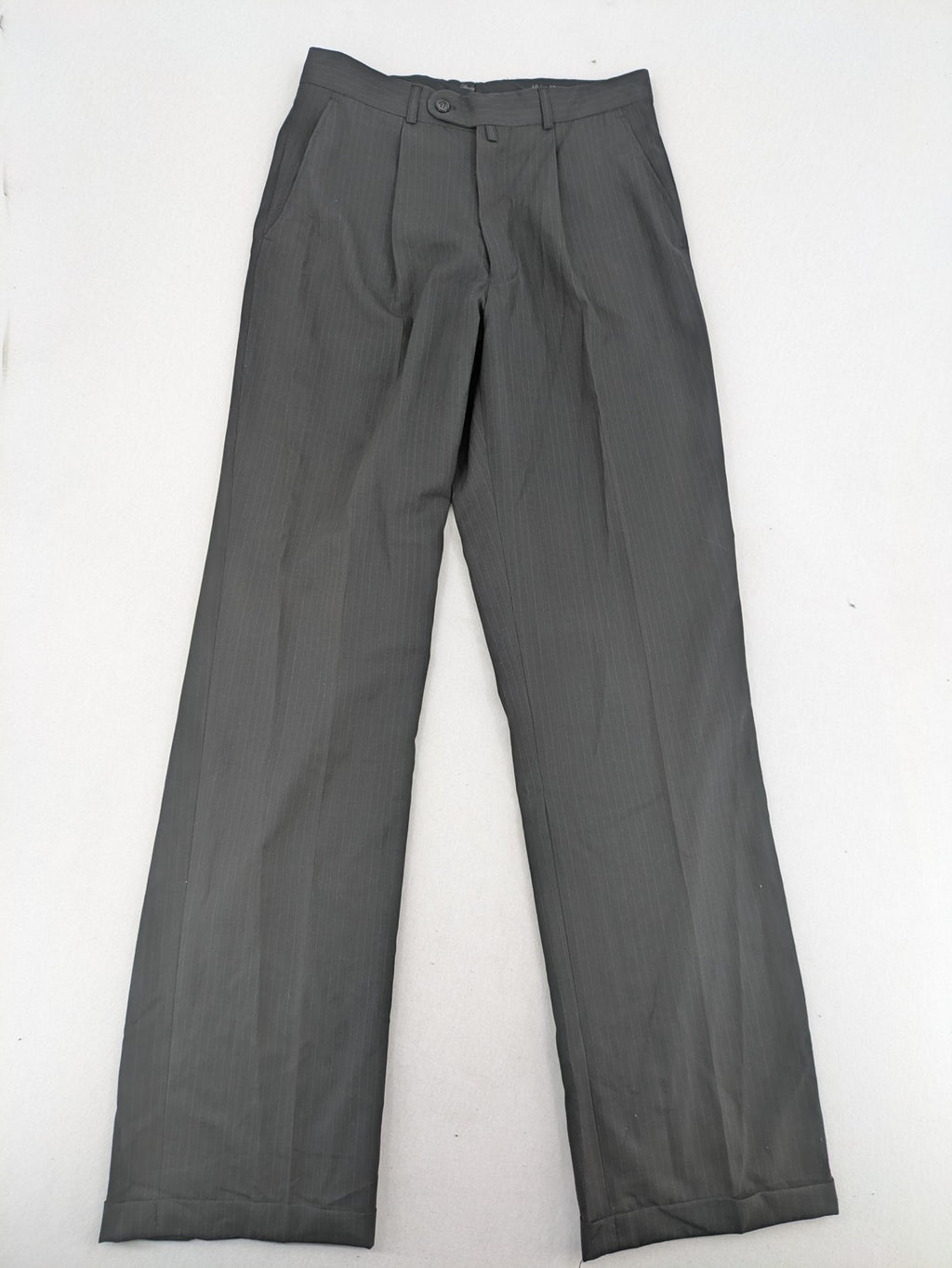 Wahl grey dress pants with pinstripe pattern and pleats, featuring side and back pockets.