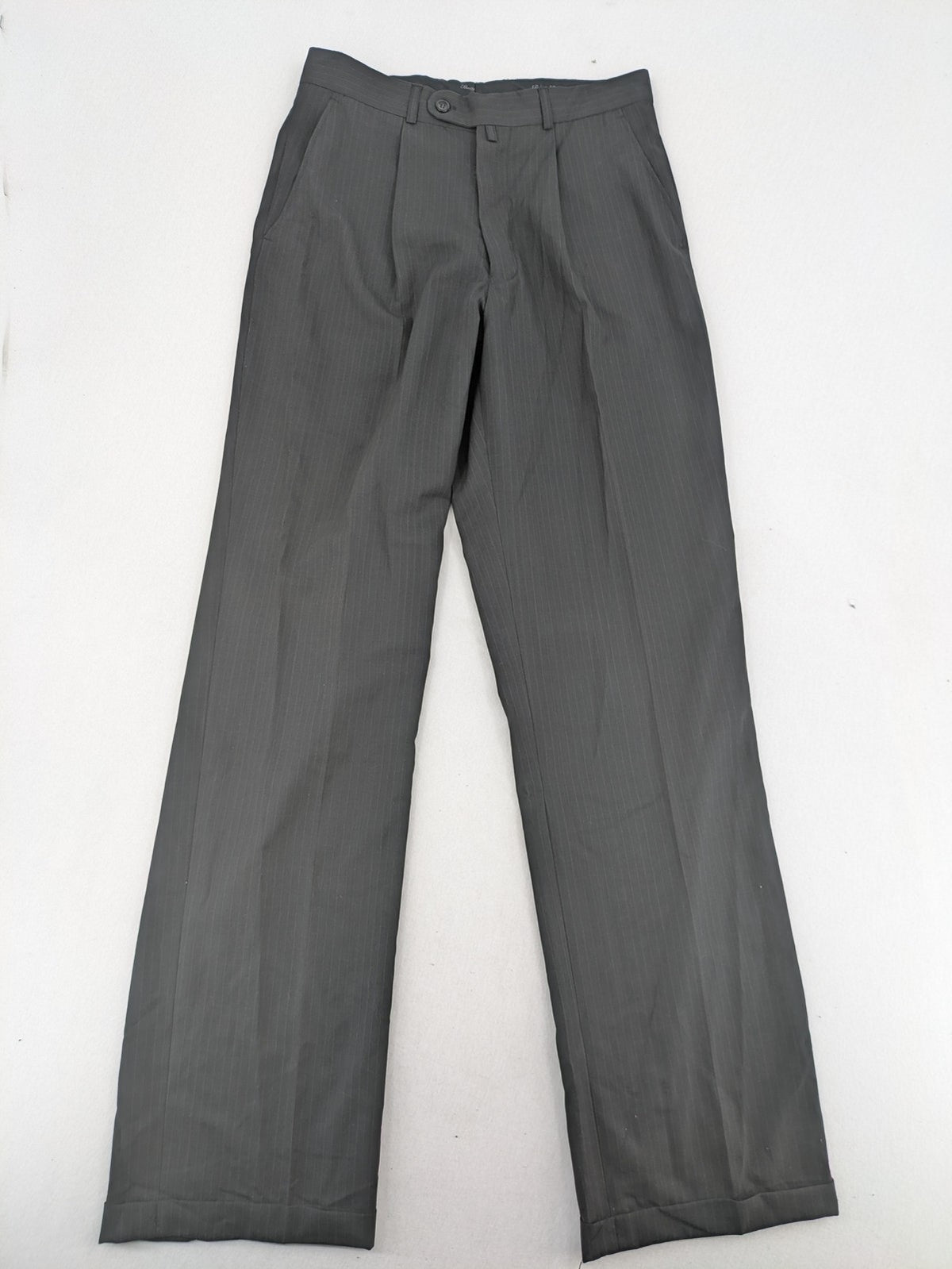 Wahl grey dress pants with pinstripe pattern and pleats, featuring side and back pockets.