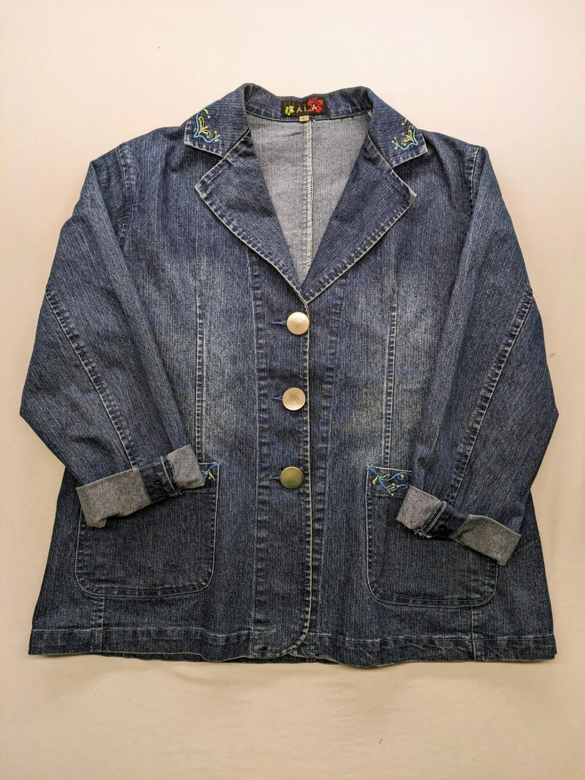 Zala blue denim blazer jacket with embroidered details and classic button closure.