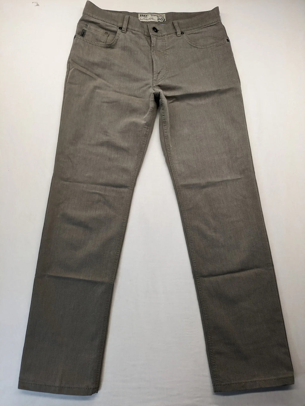 BRAX grey straight jeans 5-pocket design with zipper fly and soft fabric.