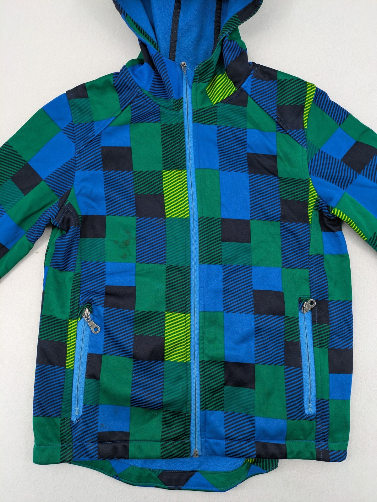 Pepperts multi softshell jacket plaid pattern blue green black, fleece lined, hooded.