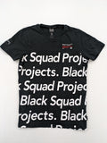 Black Squad black t-shirt all-over graphic print with logo patch on sleeve.