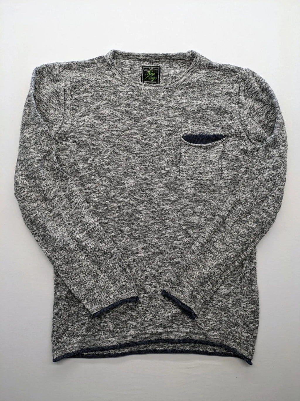 Key Largo grey turtle neck jumper with blue accents and chest pocket, cotton blend.