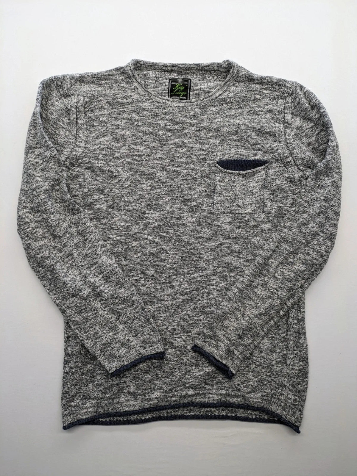Key Largo grey turtle neck jumper with blue accents and chest pocket, cotton blend.