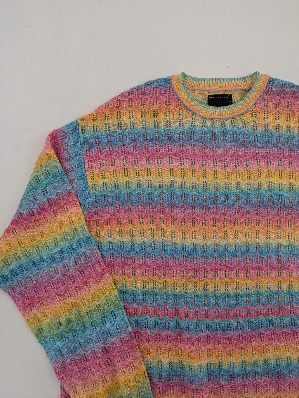 ASOS DESIGN multi turtle neck jumper rainbow striped open knit wool blend