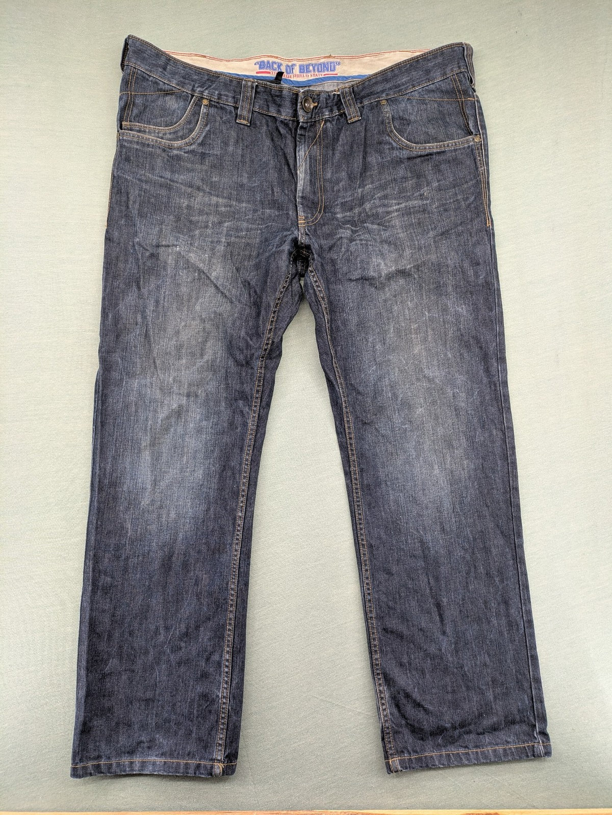 Back Of Beyond blue straight jeans 5-pocket design with classic denim wash.