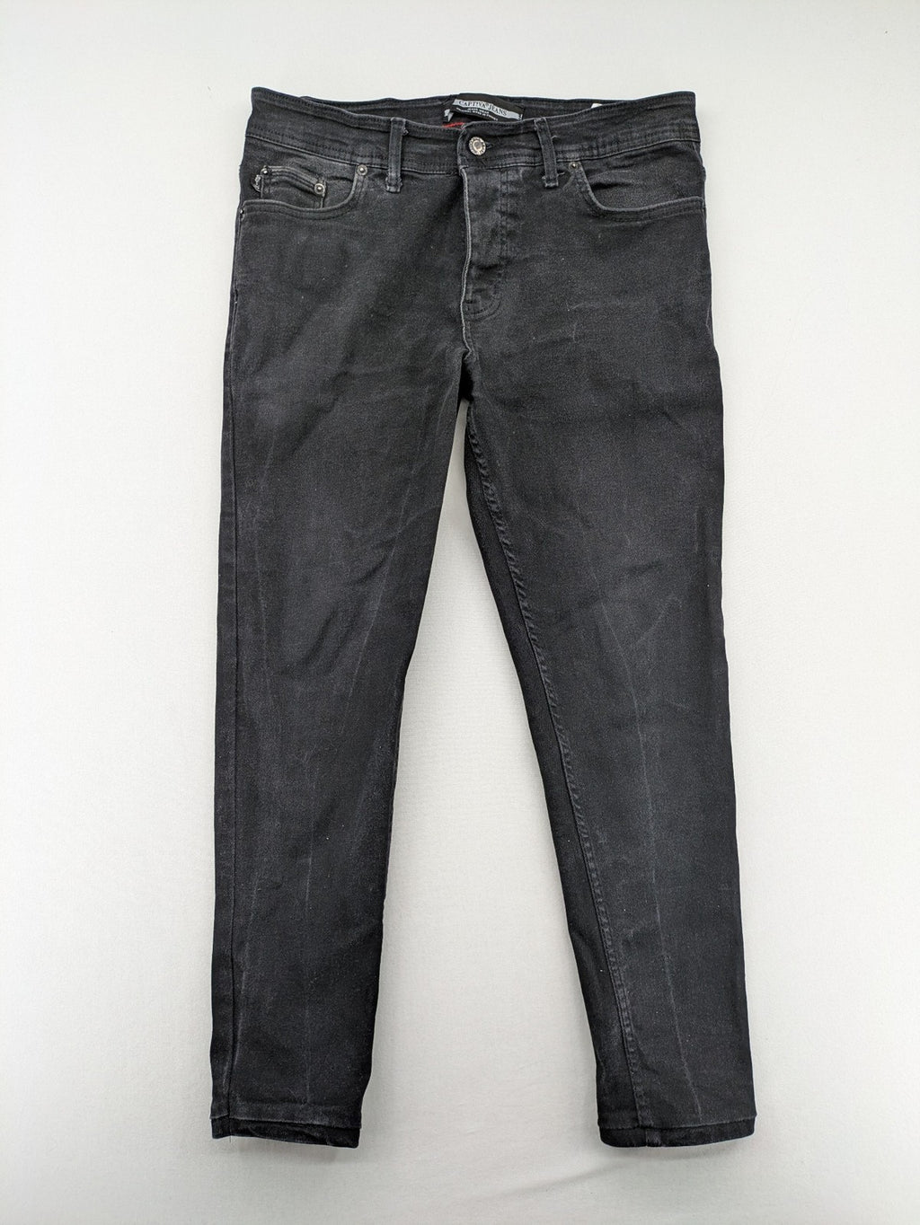 Captiva Jeans black straight jeans, classic five-pocket style, button fly, washed denim.