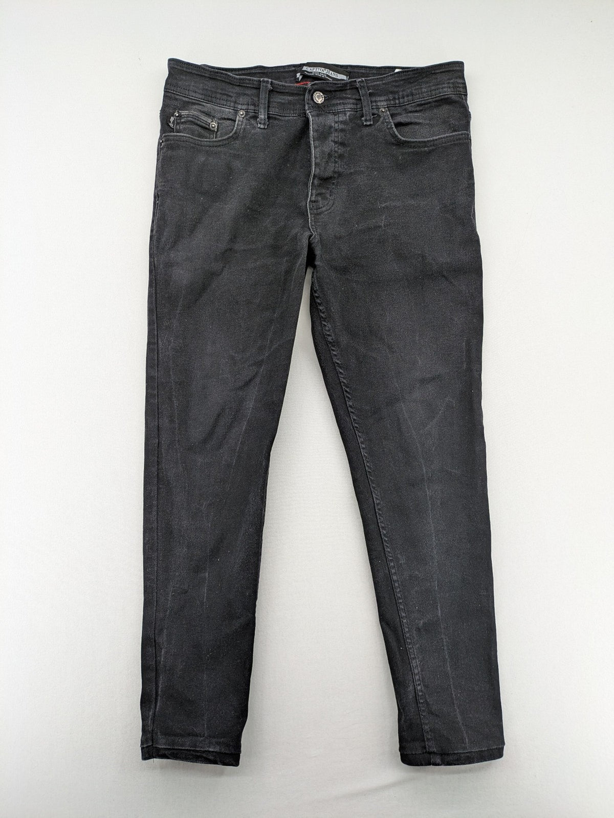 Captiva Jeans black straight jeans, classic five-pocket style, button fly, washed denim.